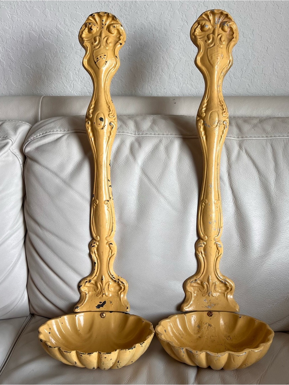 Vintage MCM Cast Metal Yellow Decorative Wall Sconces Large Ladle/ Shell